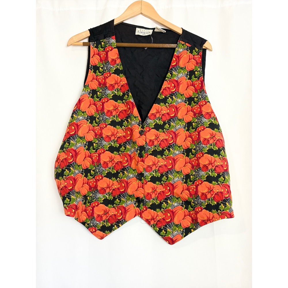 Vintage Halloween Pumpkin Spiderweb Vest Black Orange 26W Spooky Season Teacher